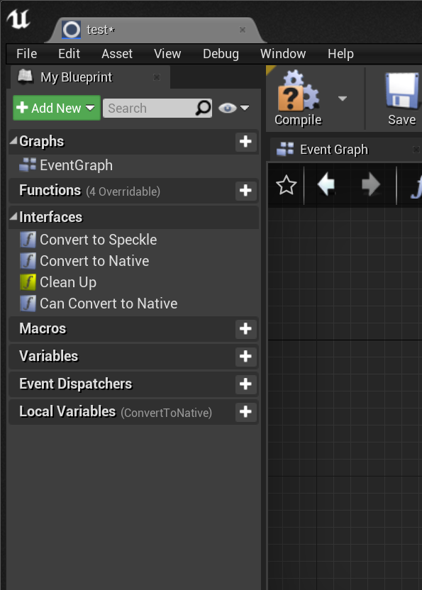 Screenshot of blueprint editor, showing the interface functions