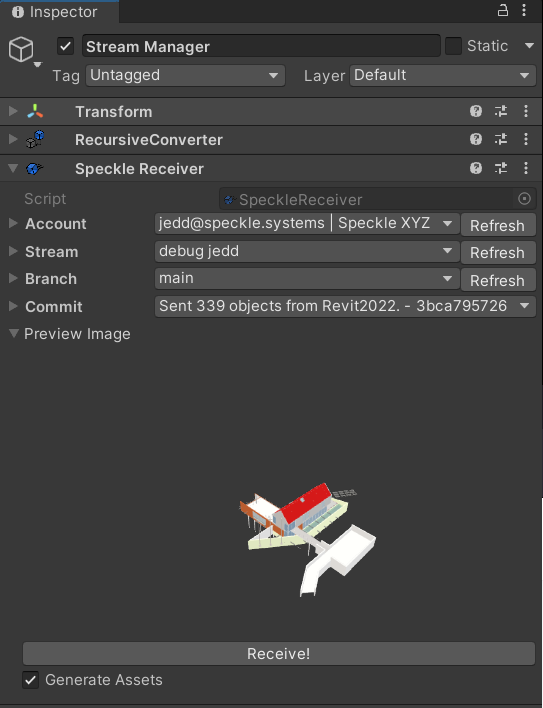 Screenshot of SpeckleReceiver component inspector