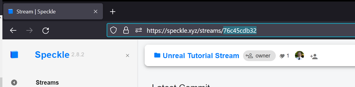 screenshot of a speckle stream url https://speckle.xyz/streams/76c45cdb32, with the stream id 76c45cdb32 highlighted