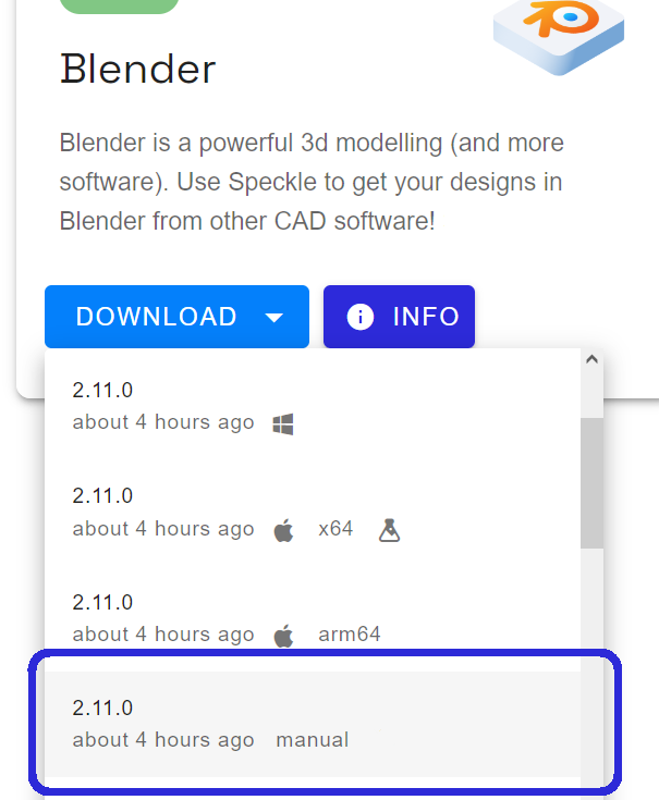 Screenshot of speckle-blender releases tab, showing manual installer highlighted in the drop-down menu