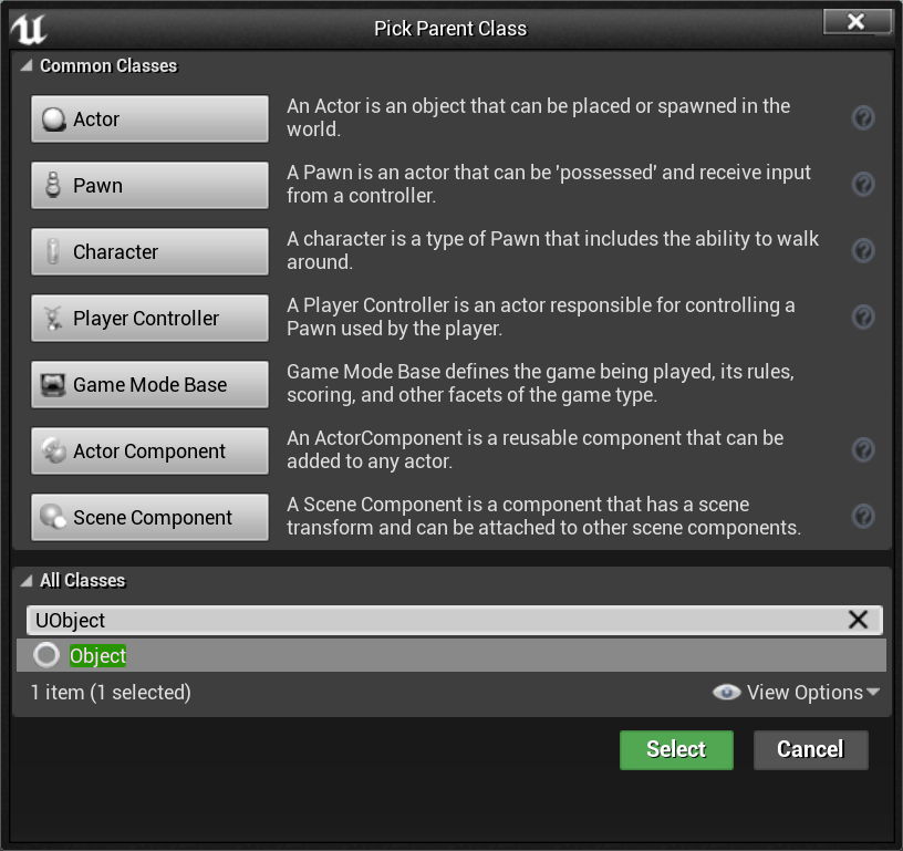 Screenshot of the blueprint creation menu, creating a new blueprint of type UObject