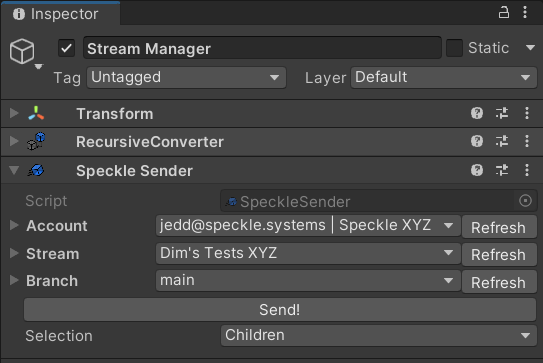 Screenshot of SpeckleSender component inspector